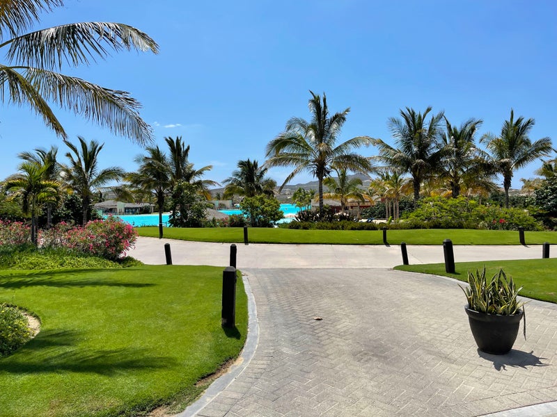 Palm trees around a pool at the golf community of Diamante in Los Cabos, Mexico